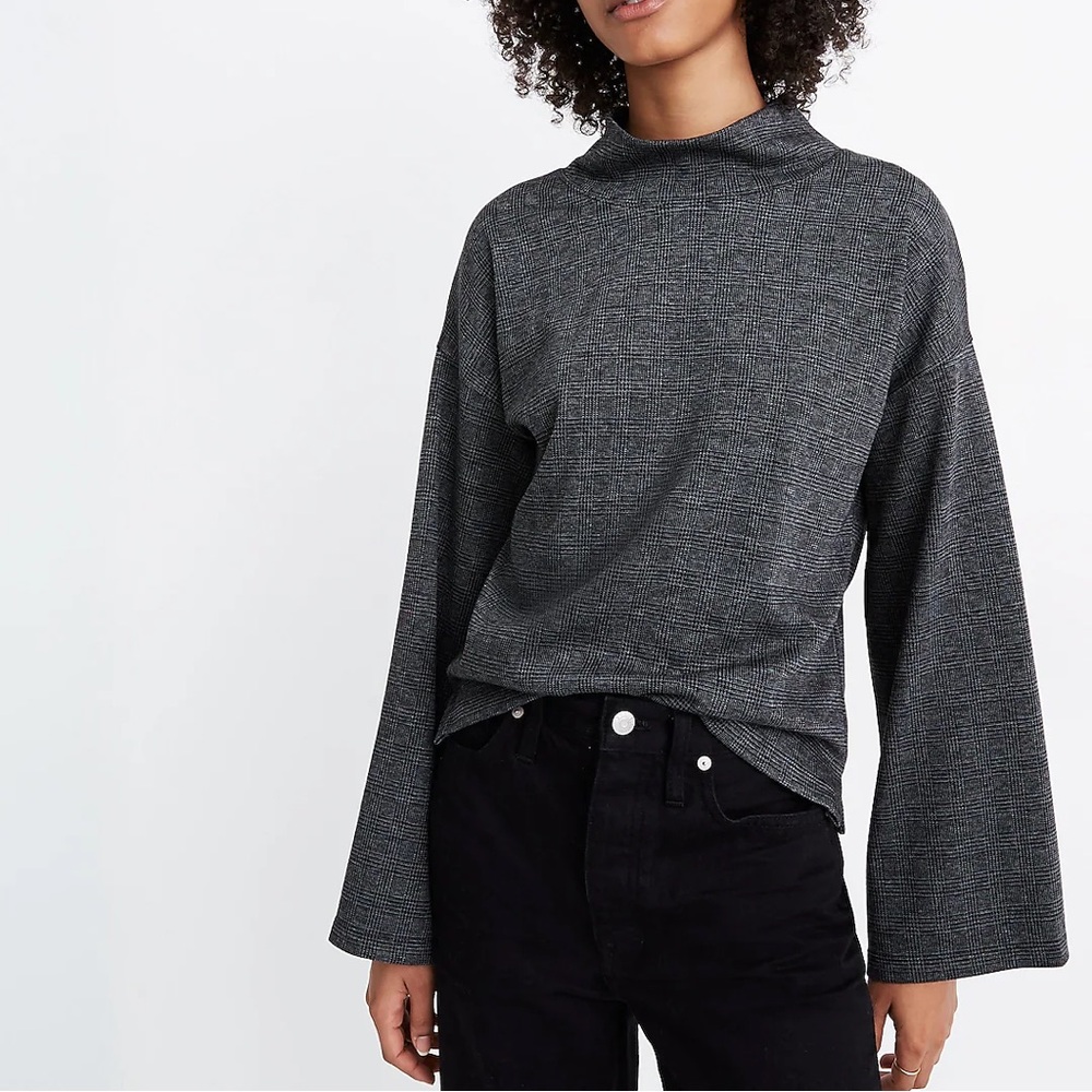 Madewell Wide-Sleeve Mockneck Top in Glen Plaid